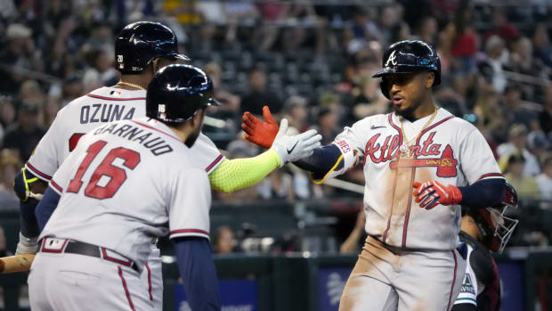 Jun 4, 2023; Phoenix, AZ, USA; Atlanta Braves second baseman Ozzie Albies (1) celebrates his 3-run home run with teammates as they play the Arizona Diamondbacks at Chase Field.